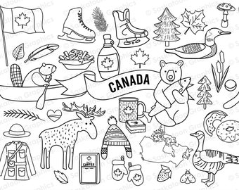 Oh Canada Black and White Line Art - Canadian Flag - North American Continent World - Map - Instant Digital Download - EPS, PNG, JPEG #T036