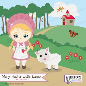 Puede incluir: Una niña con un vestido y un gorro rosa sostiene una manzana y camina con un cordero blanco por un camino en un campo verde. La escena se desarrolla en un paisaje rural con una casa de techo rojo en el fondo. El texto "Mary Had a Little Lamb" está en la parte inferior de la imagen.