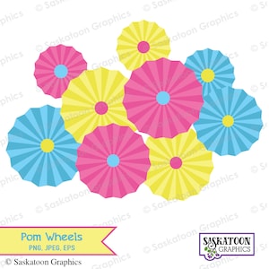 May include: A cluster of colorful pom wheels in pink, yellow, and blue, each with a contrasting center. The image includes the text "Pom Wheels" and "Saskatoon Graphics."