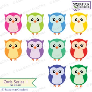 May include: Set of ten colorful cartoon owl illustrations. Each owl has large eyes, a small beak, and a round body. The owls are in various colors, including pink, green, blue, yellow, orange, purple, teal, red, light blue, and dark green.