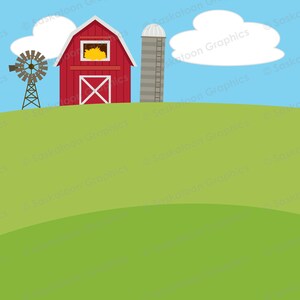 May include: A red barn with a white door and a hay bale in the window sits on a green hill. A silo is next to the barn. There is a windmill in the foreground and white clouds in the blue sky.