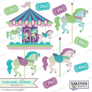 Puede incluir: Un conjunto de ilustraciones de caballos de carrusel coloridos con boletos de 15 centavos, 25 centavos, 35 centavos, 50 centavos, 65 centavos y 75 centavos. Los caballos de carrusel son en tonos de verde, azul y rosa con sillas de montar y crines moradas.