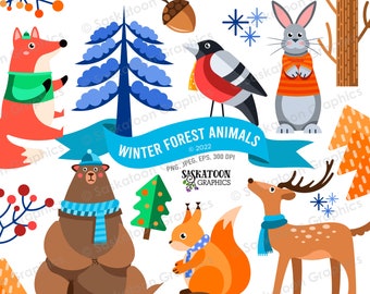 Winter Forest Animals Clip Art - Snow -  Instant Download File -  Digital Graphics - Products - Commercial Use - EPS, PNG, JPEG - #SE001