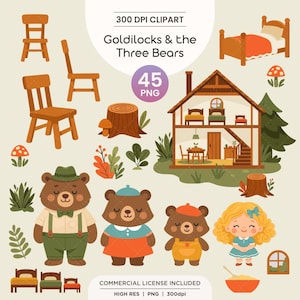 Clipart de Ricitos de Oro y los Tres Osos / Set de 45 imágenes prediseñadas / Imágenes prediseñadas de cuentos de hadas / Personajes de cuentos, Casa / Descarga digital / PNG