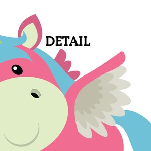 May include: A cartoon unicorn illustration with pink, blue, and white colors. The unicorn has a friendly expression, with a smiling mouth and a black eye. The word "DETAIL" is printed in black.