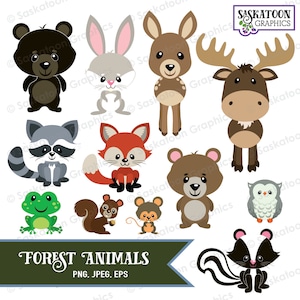 Könnte beinhalten: Ein Set mit 12 bunten Cartoon-Illustrationen von Waldtieren. Die Tiere umfassen einen Bären, ein Kaninchen, ein Reh, einen Elch, einen Waschbären, einen Fuchs, einen Bärenjungen, ein Eichhörnchen, eine Maus, eine Eule, einen Stinktier und einen Frosch. Die Illustrationen sind perfekt für die Verwendung in Kinderbüchern, Bastelarbeiten und anderen kreativen Projekten.