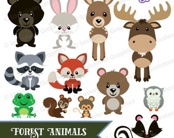 May include: A set of 12 colourful cartoon forest animal illustrations. The animals include a bear, rabbit, deer, moose, raccoon, fox, bear cub, squirrel, mouse, owl, skunk, and frog. The illustrations are perfect for use in children's books, crafts, and other creative projects.