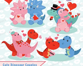 Dinosaur Couple Valentines Clip Art - Instant Download File - Digital Graphics - Product Artwork - Commercial Use - EPS, PNG, JPEG - #H025