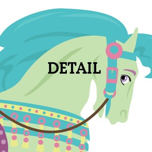 May include: A light green carousel horse with a turquoise blue mane and tail. The horse has a pink and turquoise bridle with a brown rein. The horse is decorated with yellow and pink tassels and a blue and yellow patterned saddle.