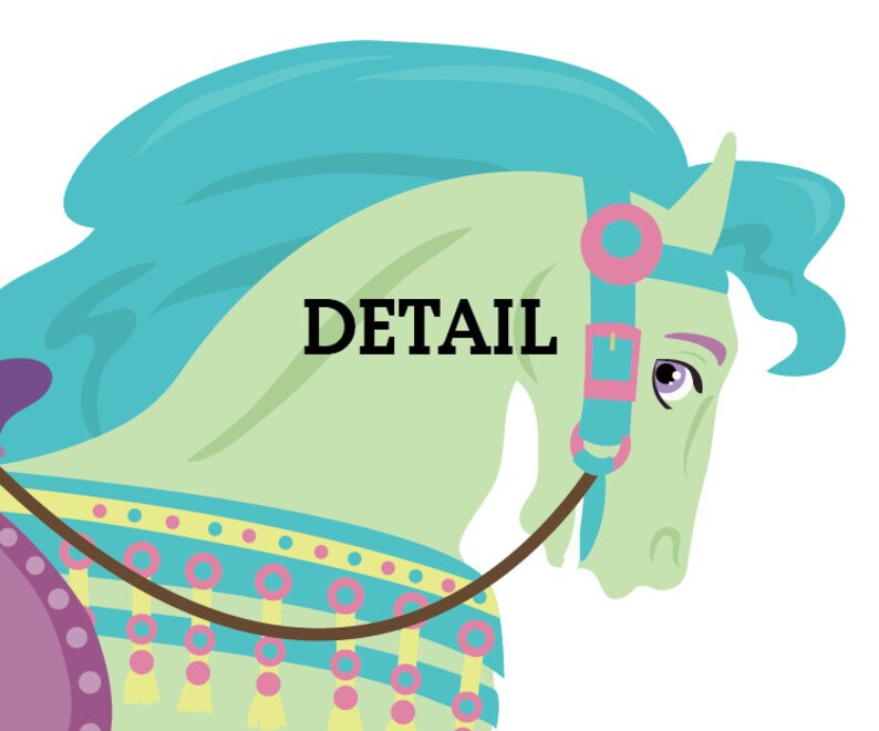 May include: A light green carousel horse with a turquoise blue mane and tail. The horse has a pink and turquoise bridle with a brown rein. The horse is decorated with yellow and pink tassels and a blue and yellow patterned saddle.
