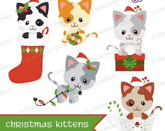 Cute Christmas Kittens Clip Art - Instant Download File - Digital Graphic - Product Artwork - Crafts - Commercial Use - EPS, PNG, JPEG #H014