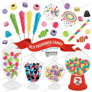 May include: A digital clipart set of old fashioned candy, including lollipops, gumdrops, hard candies, and jars of candy. The clipart is in a cartoon style and is perfect for use in digital scrapbooking, card making, and other craft projects.