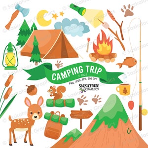 May include: Camping trip themed clipart set with a tent, campfire, lantern, fishing rod, squirrel, deer, sleeping bag, mountain, and other camping accessories. PNG, JPEG, EPS, 300 DPI.