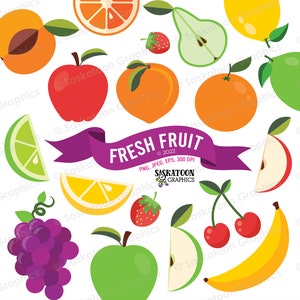 May include: A collection of colorful fruit illustrations, including a red apple, a green pear, a yellow banana, a red cherry, a green lime, a purple grape, a yellow lemon, a red strawberry, a green apple, a peach, an orange, and a yellow lemon. The illustrations are arranged in a random pattern on a white background. The text "FRESH FRUIT" is displayed in a purple banner.