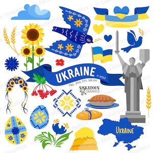 Ukraine Reise-Clipart - Ukrainische Flagge - Europa Kontinent - Landkarte - Kultur der Welt - Sofortiger digitaler Download - EPS, PNG, JPEG #T002