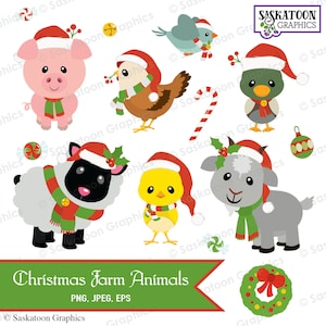 Christmas Farm Animals Clip Art - Instant Download File - Digital Graphics - Product Artwork - Craft - Commercial Use - EPS, PNG, JPEG #H015