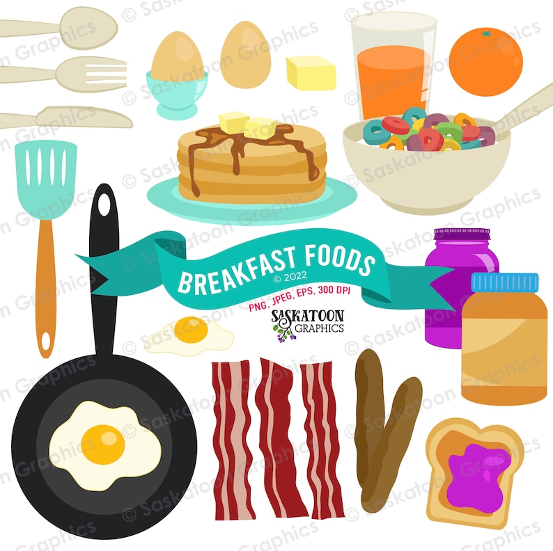 May include: A collection of breakfast food illustrations, including pancakes, bacon, eggs, orange juice, cereal, and peanut butter. The illustrations are in a cartoon style and are perfect for use in a variety of projects.