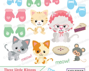 May include: Three cartoon kittens with different colored fur, wearing mittens, with a pie and a mouse. The text "Three Little Kittens" is at the bottom of the image. The text "meow!" appears three times in the image.