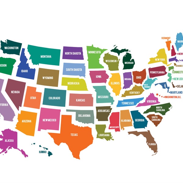 Bright Colors USA Map Clip Art - United States of America- Instant Download File - Geography - Commercial + Personal - JPEG + PNG Vector eps