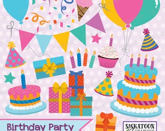 Colorful Birthday Party Clip Art - Instant Download File - Digital Graphics - Product Artwork  - Commercial Use - EPS, PNG, JPEG #H031
