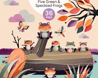 5 Five Green & Speckled Frogs Clipart | 36 PNG Vector Bundle | Cute Frog, Pond, Insects | Kids Song Clipart | Digital Download | PNG | EPS