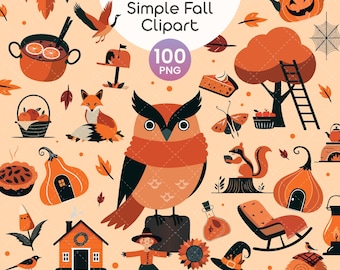 Simple Fall Clipart | 100 PNG Vector Bundle | Autumn, Pumpkins, Cozy Fall Graphics | Thanksgiving & Halloween Digital Download | PNG | EPS