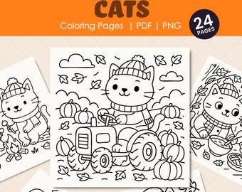 Fall Autumn Cats Coloring Pages | Cute Kitty Cats Coloring Book | 24 Digital Pages | Kids & Adults | Printable Coloring Sheets | PDF | PNG