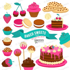 May include: A collection of baked goods clipart images, including cupcakes, cake pops, cookies, macarons, chocolate truffles, and a layered cake. The images are in a cartoon style and feature bright colors, such as pink, teal, brown, and white.