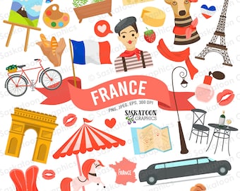 France Travel Clip Art - French Flag - World Culture - European Continent - Country Map - Instant Digital Download - EPS, PNG, JPEG #T011
