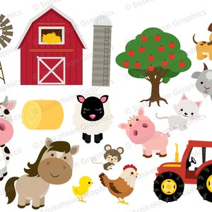 May include: A set of farm animal illustrations, including a cow, pig, sheep, goat, horse, chicken, mouse, and a dog. There is also a red barn, a silo, a hay bale, a red tractor, and an apple tree.