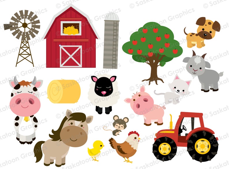 May include: A set of farm animal illustrations, including a cow, pig, sheep, goat, horse, chicken, mouse, and a dog. There is also a red barn, a silo, a hay bale, a red tractor, and an apple tree.