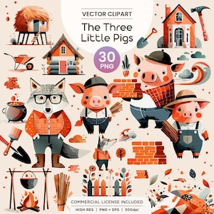 Drei kleine Schweinchen Clipart | Märchen PNG Bündel | Niedliche Wolf & Schwein Figuren, Märchenbuch Häuser, Kinderzimmer Geschichte Digitaler Download | PNG | EPS