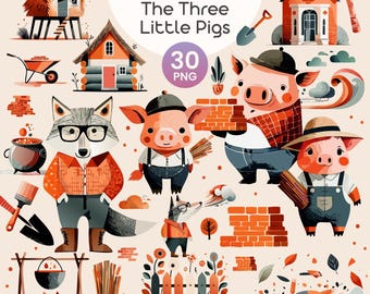 Three Little Pigs Clipart | Fairy Tale PNG Bundle | Cute Wolf & Pig Characters, Storybook Houses, Nursery Story Digital Download | PNG | EPS