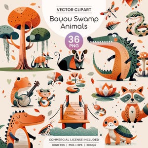 Bayou Swamp Animals Clipart | Cute Alligator, Frog, Raccoon, Turtle, Snake PNG Bundle | Southern Wildlife Digital Download | PNG | EPS
