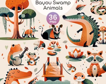 Bayou Swamp Animals Clipart | Cute Alligator, Frog, Raccoon, Turtle, Snake PNG Bundle | Southern Wildlife Digital Download | PNG | EPS
