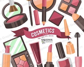 May include: A collection of colorful makeup items, including lipstick, eyeshadow, eyeliner, mascara, and foundation. The items are arranged in a circle around a red ribbon with the word "COSMETICS" written on it.