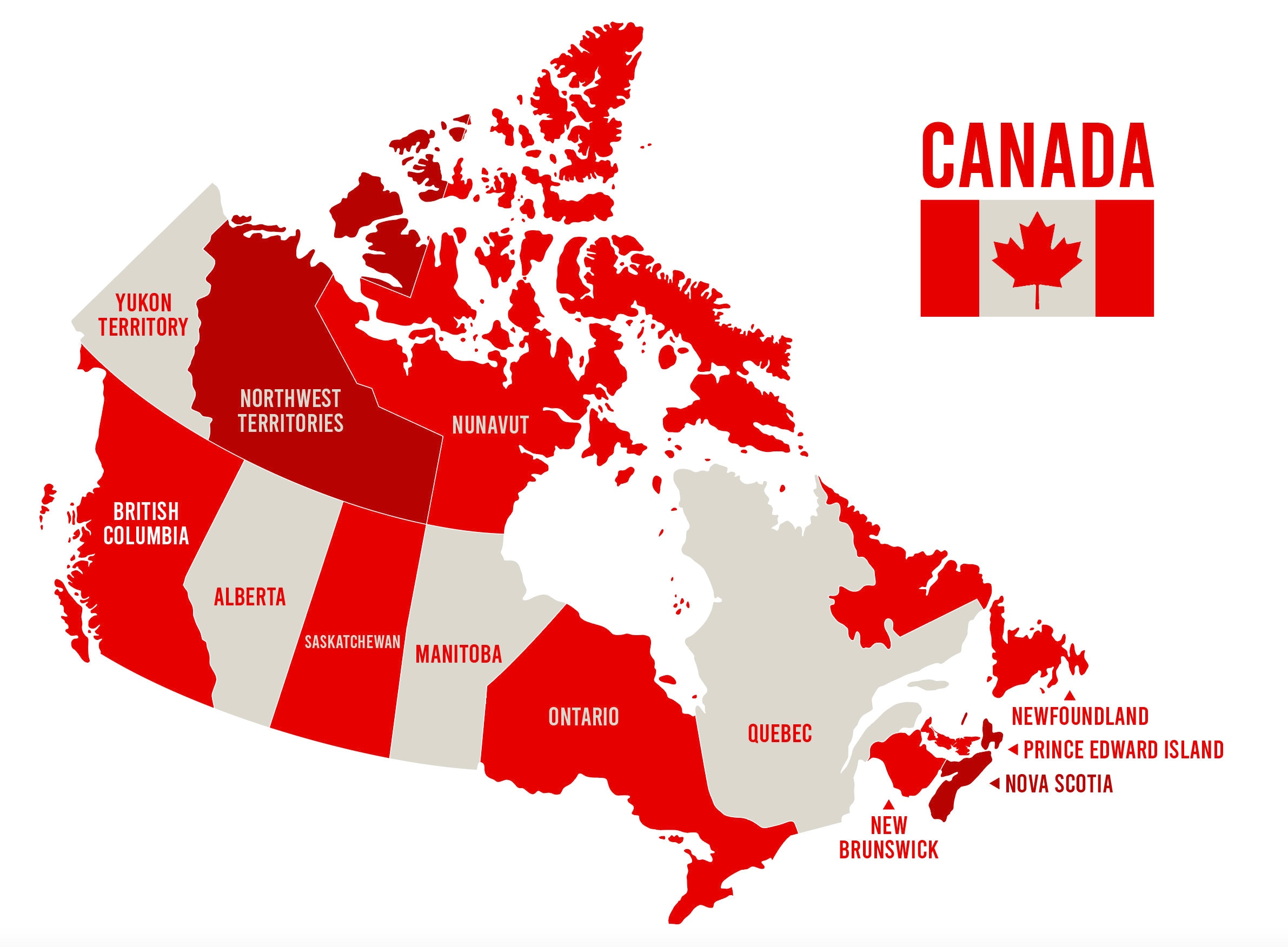 Canada Map Red & White - Flag Clip Art - North America - Instant Download File - Geography - Commercial + Personal - JPEG + PNG Vector eps