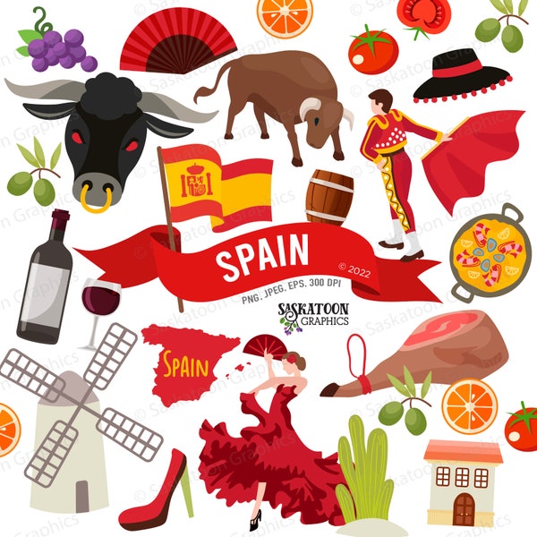 Espagne Clip Art de voyage - Drapeau espagnol - Europe Continent Monde - Carte vectorielle de contour de pays - Téléchargement numérique instantané - EPS, PNG, JPEG #T005