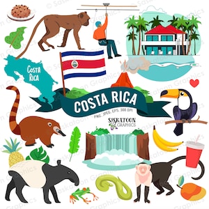 Costa Rica reizen illustraties - vlag - continent wereld - Zuid-Amerikaanse land overzichtskaart - Instant Digitale Download - EPS, PNG, JPEG #T031