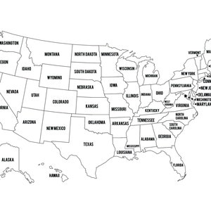 Umrisse der USA Ausmalseiten - Landkarte der Vereinigten Staaten von Amerika - zum sofortigen Download - Geographie - Verkaufslandkarte für Geschäfte - JPEG + Vektor-EPS