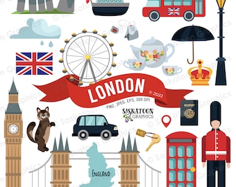 London Travel Clip Art - United Kingdom Flag - Europe Continent - World - Country Map - Instant Digital Download - EPS, PNG, JPEG #T004