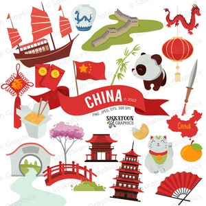 Imágenes prediseñadas de viajes a China - Bandera china - Continente asiático, país, mundo y cultura - Descarga digital instantánea - Uso comercial - EPS, PNG, JPEG #T001