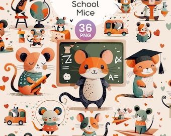 School Mouse Clipart Bundle | Cute Classroom Animals PNG | Kids Birthday Party Stickers | Teacher Worksheets | Digital Download