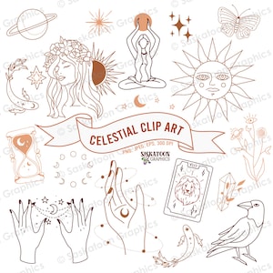 May include: Celestial clip art featuring various celestial and mystical elements. Includes illustrations of a sun, moon, stars, hands, a tarot card, a raven, and a woman. The text "CELESTIAL CLIP ART" is displayed on a banner.