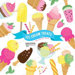 May include: A collection of colorful ice cream treats, including cones, popsicles, and sundaes. The image includes a blue banner with the text "ICE CREAM TREATS" and the copyright year 2022.
