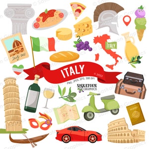 Imágenes prediseñadas de viajes a Italia - Bandera italiana - Continente europeo - Mapa de países - Cultura mundial - Descarga digital instantánea - EPS, PNG, JPEG #T003