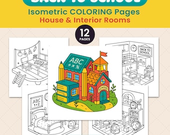 Back to School Coloring Pages | Cute Isometric House Rooms | Interior Scenes | Instant Digital Download | 12 Coloring Pages | PDF | PNG