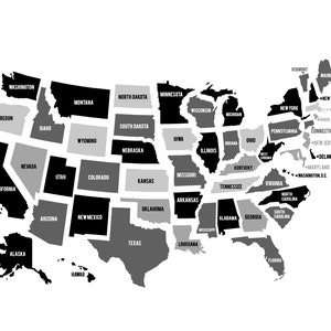 Schwarzweiße Landkarte der USA - Vereinigte Staaten von Amerika - Sofortiger Download - Geographie - Kommerzieller & persönlicher Gebrauch - JPEG + PNG Vektor eps