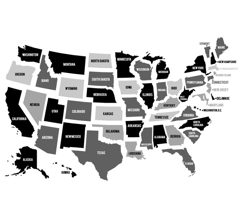 Black and White USA Map - United States of America- Instant Download