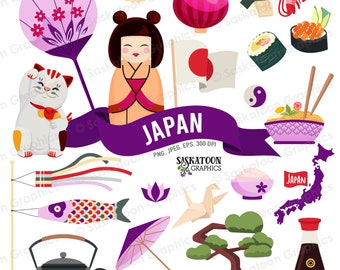 Japan Travel Clip Art - Japanese Flag - Asia Continent World - Asian Country Outline Map - Instant Digital Download - EPS, PNG, JPEG #T024